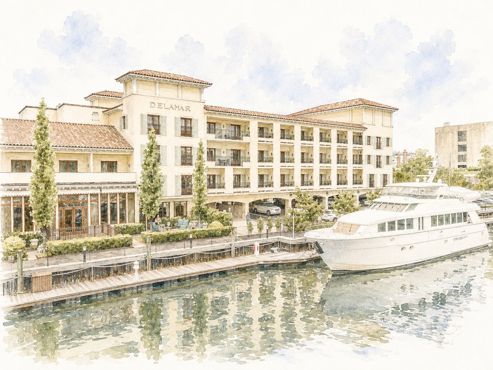 Watercolor of the Delamar Greenwich Harbor hotel